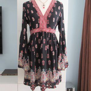 LUNIK Floral Paisley Boho Empire Waist Dress Small Long Sleeve, Black Multicolor